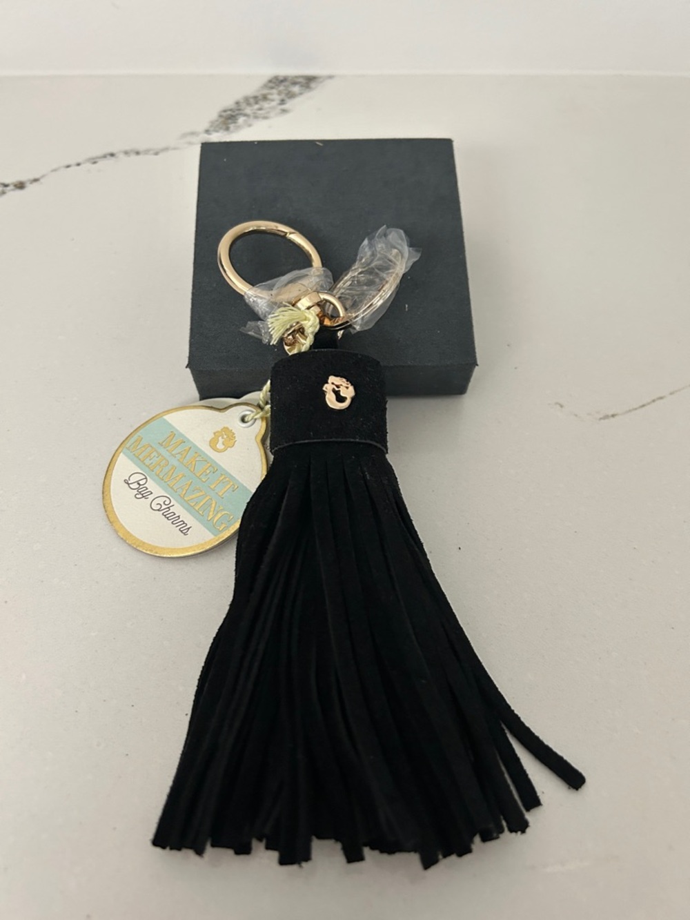 Spartina 449 Suede Black Tassel Bag Charm Keychain with Gold Hardware -